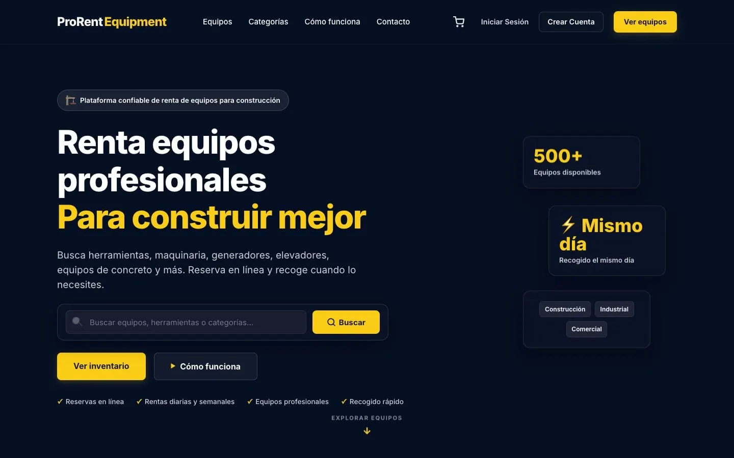 Professional equipment rental website designed by BlackByte