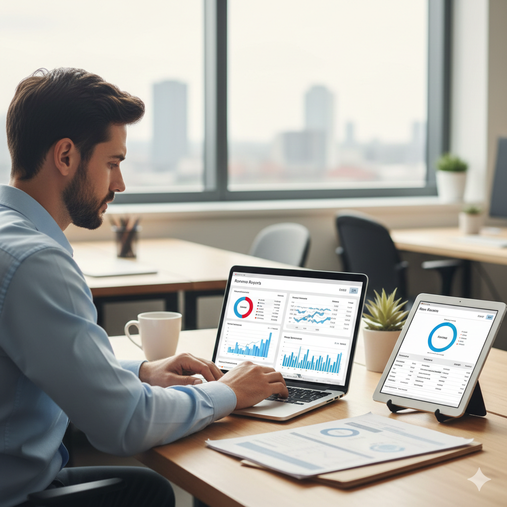 Business analyst reviewing ecommerce revenue dashboards and financial reports.