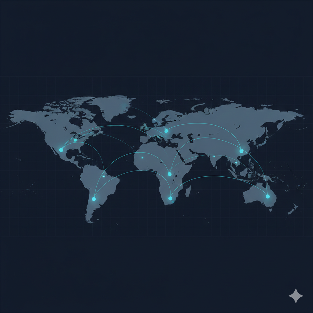 Minimalistic dark world map with glowing connection nodes linking North America, Latin America, and Europe, representing global operations, system integrations, and enterprise technology consulting by BlackByte.
