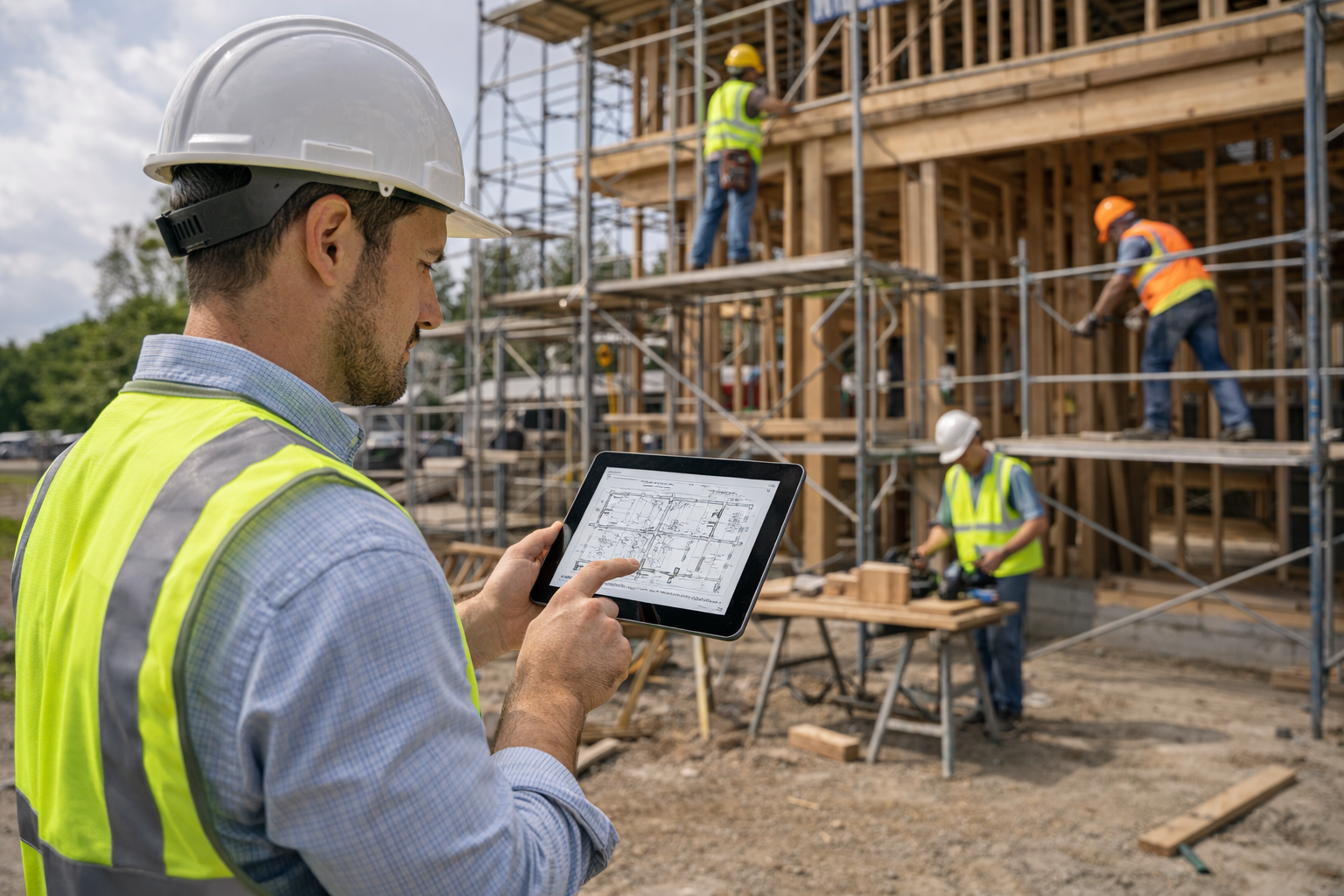 Construction manager reviewing project plans on tablet at jobsite using mobile app solutions and automation services from BlackByte