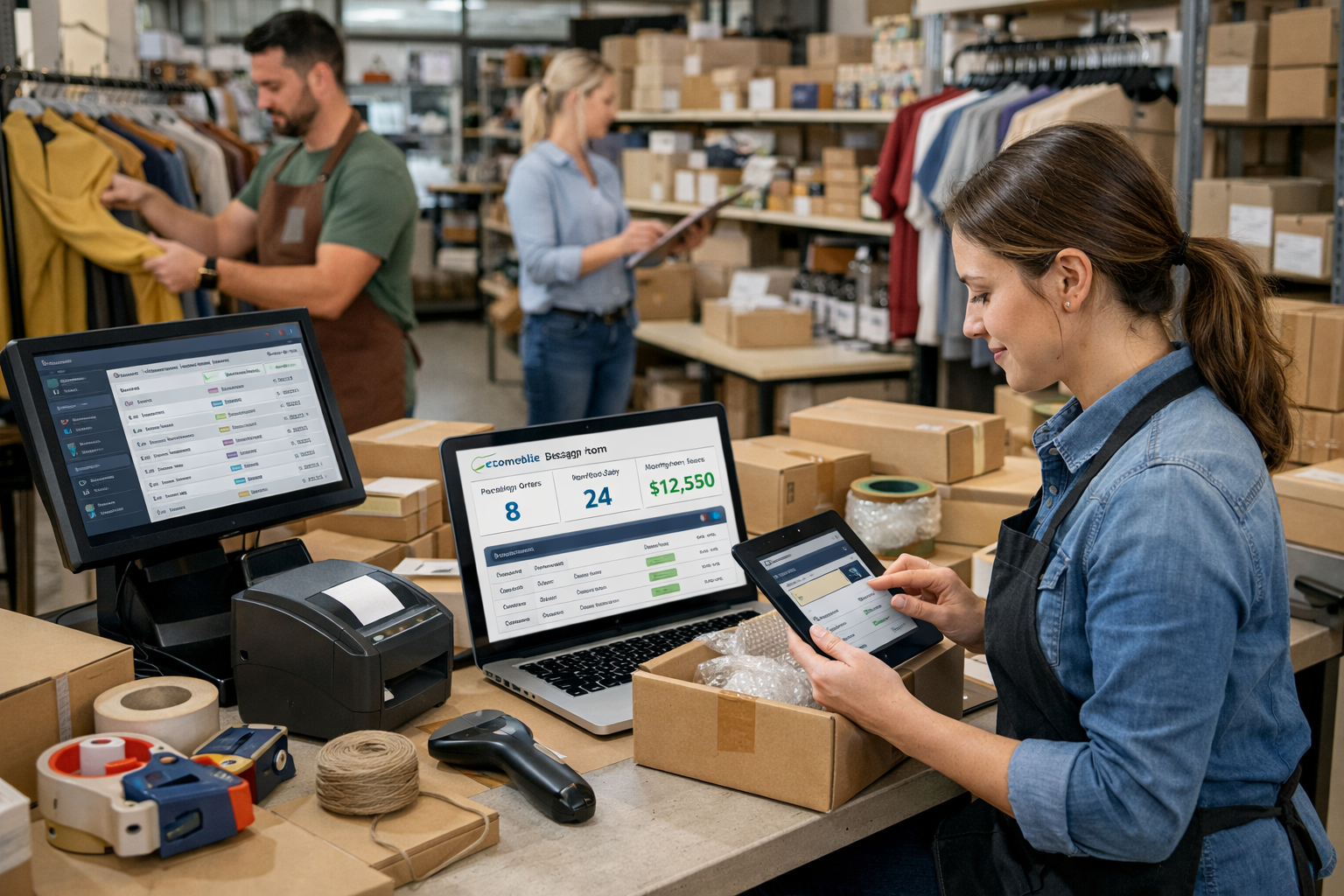 Retail staff managing online orders and POS systems with automation and managed services for eCommerce operations by BlackByte
