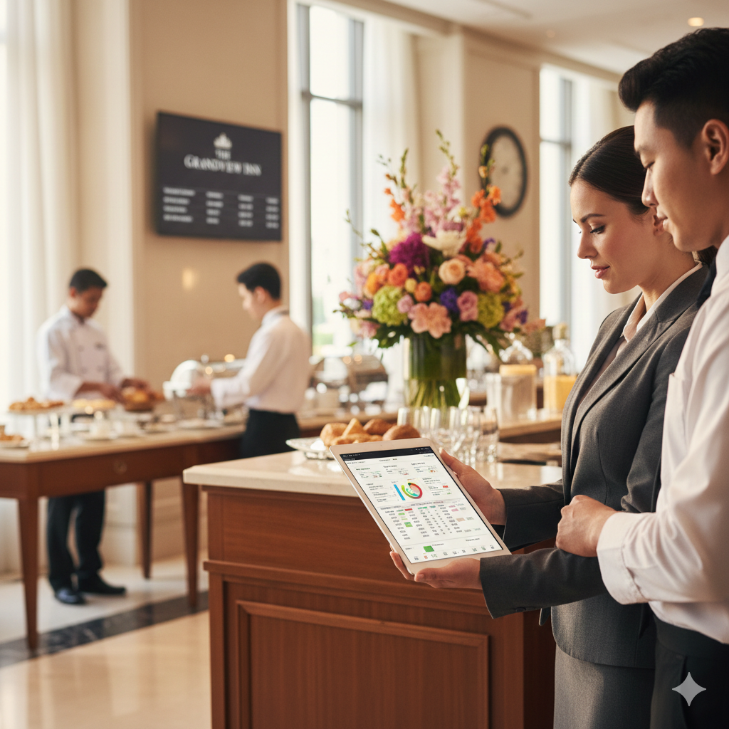 Hospitality staff managing guest experience with tablet and digital systems powered by BlackByte automation and managed services