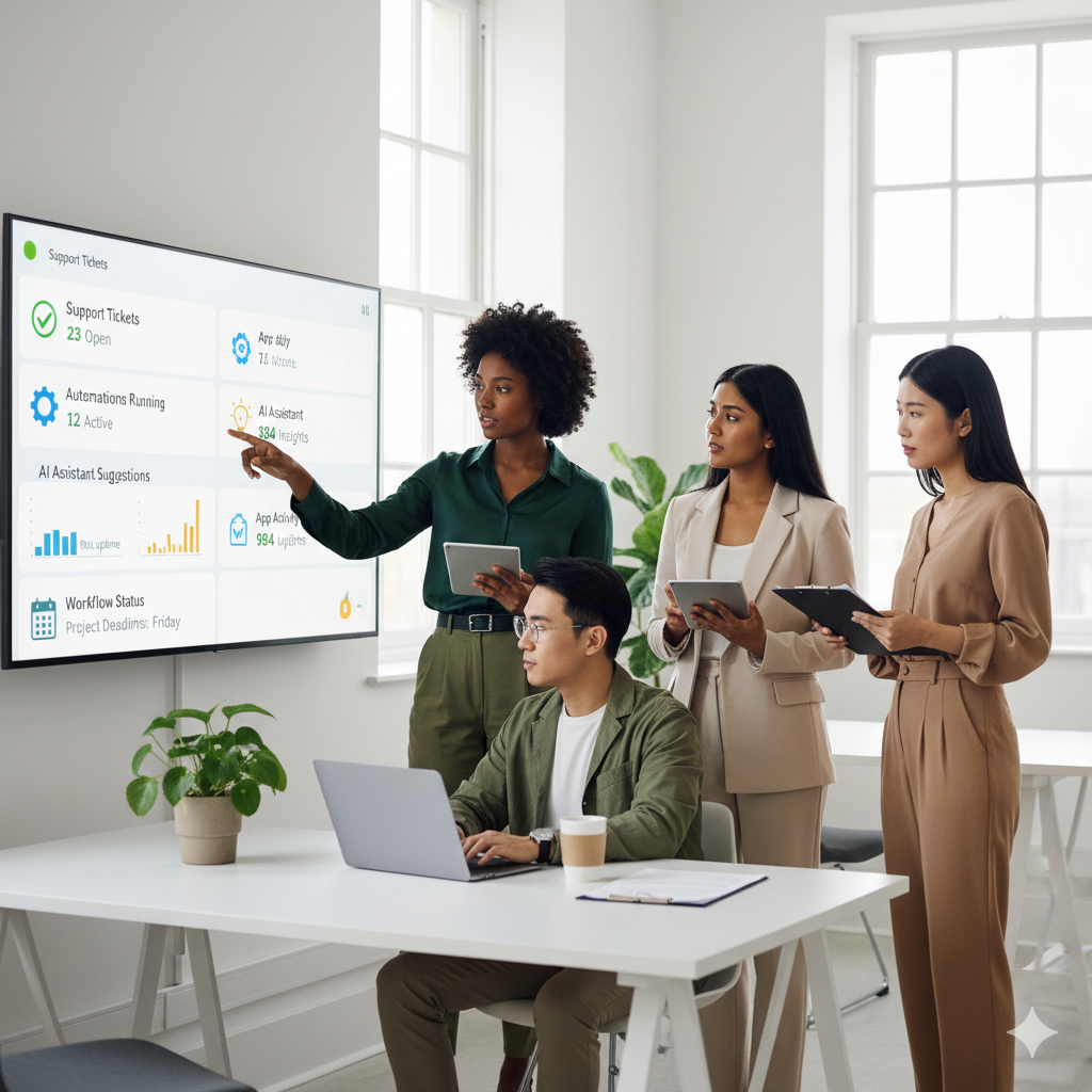 Business team reviewing automation and analytics dashboard on screen with tablets and laptop, representing managed services, AI, and business process optimization by BlackByte.