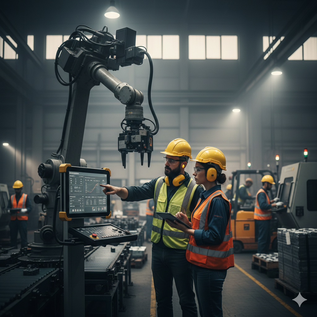 Manufacturing workers monitoring production line with industrial tablet and analytics dashboard supported by BlackByte managed services