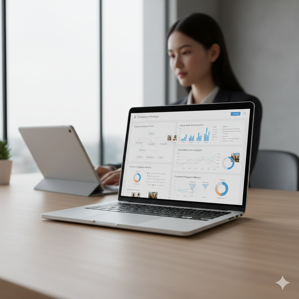 Marketing workspace with ecommerce analytics.