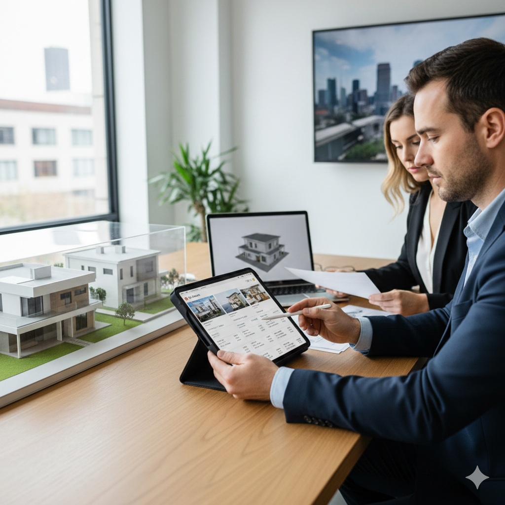 Real estate professionals reviewing property data on tablet with CRM and automation tools supported by BlackByte managed services