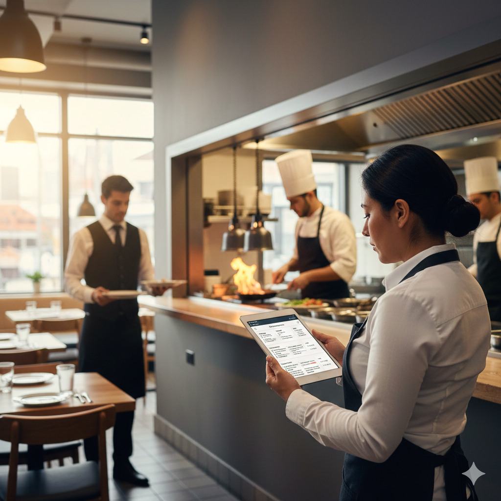 Restaurant team using tablet ordering system and kitchen dashboard supported by BlackByte automation and mobile app development for restaurants