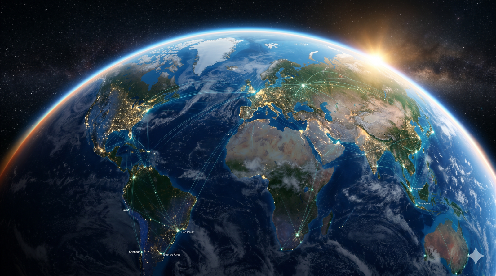 Global digital transformation and AI-powered business infrastructure connecting cities worldwide